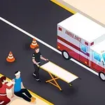 An animated scene depicting an ambulance parked on a road, with emergency cones, while two paramedics assist an injured person on a stretcher