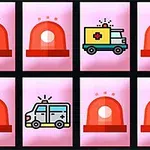 A grid of nine images featuring red emergency lights, including two illustrations of ambulances and a medical truck