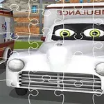 A cartoon ambulance with large eyes and a friendly expression, surrounded by puzzle pieces, set against a colorful background of a cartoon city