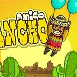 The image features a colorful cartoon character named Pancho, wearing a sombrero and traditional attire, floating with balloons against a vibrant sunset background with cacti