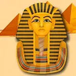 An artistic representation of an ancient Egyptian pharaohs mask, characterized by striking yellow colors, black stripes, and a backdrop of pyramids against an orange background