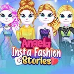 The image features six cartoon girls showcasing various fashionable outfits in a colorful, playful design for the game Angela Insta Fashion Stories