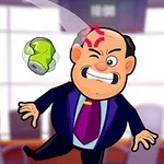 A cartoon-style businessman with an angry expression is getting hit on the head by a flying green soda can in a conference room setting