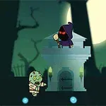 A hooded figure stands on a tower holding a doll, flanked by two zombies, under a large full moon amidst a spooky forest setting