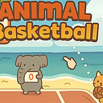 A playful illustration featuring an elephant holding a scorecard and a cat, both engaged in a game of basketball near the beach, with a bright blue ocean in the background and a basketball hoop nearby