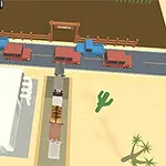 A colorful, top-down view of a cartoonish desert scene featuring vehicles in traffic, a fence gate, a cactus, and agricultural elements like a tractor, creating an engaging and playful landscape