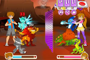 A dynamic battle scene featuring two characters, a boy and a girl, each accompanied by animated creatures, set against a vibrant, fiery background with colorful health bars and action icons