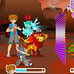 A dynamic battle scene featuring two characters, a boy and a girl, each accompanied by animated creatures, set against a vibrant, fiery background with colorful health bars and action icons