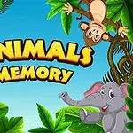 A vibrant, cartoon-style game title Animals Memory featuring a giraffe, monkey, and elephant surrounded by lush green leaves and a bright blue background