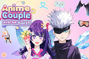 Colorful anime-style banner with the text Anime Couple Avatar Maker and a smiling purple-haired girl holding a bouquet beside a white-haired boy wearing a black blindfold