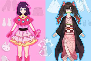 A split image featuring two stylized female characters: one in a vibrant pink outfit with a frilly skirt and accessories, and the other in a traditional kimono-style dress, each accompanied by various clothing items and accessories in the background