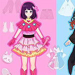 A split image featuring two stylized female characters: one in a vibrant pink outfit with a frilly skirt and accessories, and the other in a traditional kimono-style dress, each accompanied by various clothing items and accessories in the background