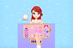 Cartoon red-haired girl behind a purple makeup station with eyeshadow and lipstick palettes, while a hand selects makeup items against a light blue background