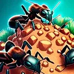 A vibrant illustration of three ants on a mound of dirt, showcasing detailed textures and bright colors against a gradient background, emphasizing the ants large size and the landscapes rocky features