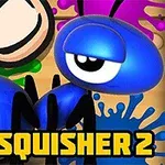 The image features a cartoon-style blue ant with a large eye, alongside a finger poised to squish it, with colorful paint splashes in the background and the title ANT SQUISHER 2 prominently displayed in bold, yellow letters