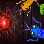 The image features two cartoon ants, one yellow and one blue, with large eyes, against a dark background with a glowing red orb and the word ANTS in a bold, colorful font