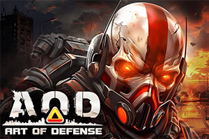 Close-up of a futuristic armored soldier wearing a skull-like helmet with glowing orange eyes, set against a fiery urban battlefield background with bold AOD Art of Defense text