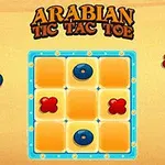 An image of an Arabian-themed Tic Tac Toe game featuring a 3x3 grid with blue and red markers on a sandy background, topped with a stylized title