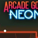 A vibrant graphic featuring the text ARCADE GOLF NEON in bright neon colors against a dark background, with a simple white golf ball and a glowing red outline of a golf course element