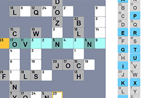 A colorful crossword puzzle layout featuring filled and unfilled squares, with numbers indicating clues and a guide for letters on the side