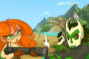 A red-haired girl with glasses and a green-haired character in a mask aim weapons at each other in a stylized beach setting with mountains in the background