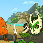 A red-haired girl with glasses and a green-haired character in a mask aim weapons at each other in a stylized beach setting with mountains in the background