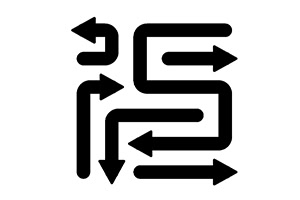 Black directional arrows forming a maze-like path on a white background