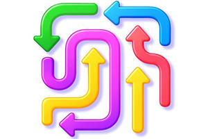 Colorful curved arrows in blue, green, red, yellow, purple, and orange forming a looping maze-like pattern on a white background