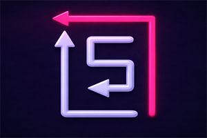 Glowing neon arrows forming a rectangular loop with a left-pointing arrow in the center on a dark background