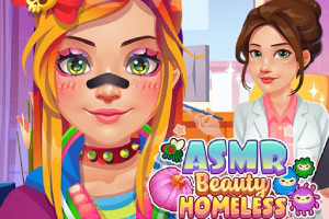 Colorful and vibrant illustration of a girl with trendy hair and makeup, alongside a woman in a lab coat, promoting an ASMR Beauty Homeless game