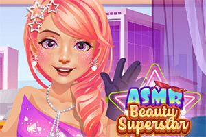 A young woman with pink hair adorned with stars, wearing glamorous makeup and a fancy dress, smiles confidently against a city skyline backdrop, with vibrant colors and playful text