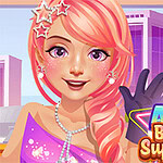 A young woman with pink hair adorned with stars, wearing glamorous makeup and a fancy dress, smiles confidently against a city skyline backdrop, with vibrant colors and playful text