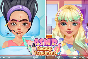 The image features a split scene showing a before-and-after beauty treatment, with one girl receiving a facial treatment on the left, and the same girl transformed with flawless skin and styled hair on the right, labeled ASMR Beauty Treatment