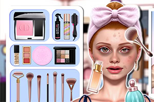 Woman with a pink bow headband applying makeup, surrounded by cosmetic palettes, brushes, and perfume bottles