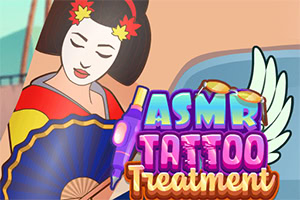A woman in traditional dress holds a fan, with a colorful text overlay featuring the words ASMR Tattoo Treatment