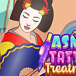 A woman in traditional dress holds a fan, with a colorful text overlay featuring the words ASMR Tattoo Treatment