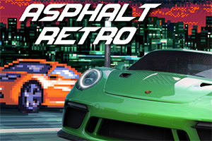 A vibrant green sports car is prominently displayed in the foreground, with a pixelated orange car visible in the background against a city skyline illuminated by neon lights, while the text ASPHALT RETRO overlays the scene in bold, modern typography