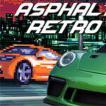 A vibrant green sports car is prominently displayed in the foreground, with a pixelated orange car visible in the background against a city skyline illuminated by neon lights, while the text ASPHALT RETRO overlays the scene in bold, modern typography