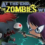 The image features a cartoon-style zombie with red hair and wide eyes facing off against a stylized character with purple hair and glasses, holding a gun, under the bold text At the End, The Zombies Win