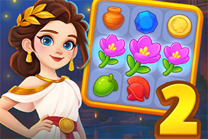 A young woman in a white toga with brown hair and a gold laurel wreath is smiling beside a colorful grid of various game elements, including flowers, fruits, and coins, set against a softly lit background