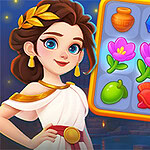A young woman in a white toga with brown hair and a gold laurel wreath is smiling beside a colorful grid of various game elements, including flowers, fruits, and coins, set against a softly lit background