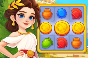 A young girl in a classical Greek outfit stands beside a colorful puzzle grid featuring ancient-themed icons like coins, vases, and helmets, set against a sunny background