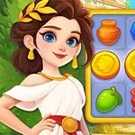 A young girl in a classical Greek outfit stands beside a colorful puzzle grid featuring ancient-themed icons like coins, vases, and helmets, set against a sunny background