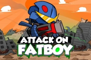 A cartoon character resembling a robot with a blue helmet and yellow face is holding a large weapon, set against a backdrop of a post-apocalyptic landscape, with the text Attack on Fatboy prominently displayed