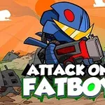 A cartoon character resembling a robot with a blue helmet and yellow face is holding a large weapon, set against a backdrop of a post-apocalyptic landscape, with the text Attack on Fatboy prominently displayed