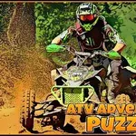 An off-road rider on an ATV speeds through a forested area, surrounded by vibrant greenery, with the words ATV Adventure Puzzle prominently displayed in bold, orange lettering at the bottom