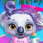 A cute baby koala with purple curly hair, wearing a pink shirt that says Baby, holds a baby bottle, with a pink comb and scissors in its hair, set against a tropical background with palm leaves