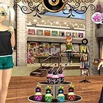 The image features two animated characters in a trendy shop surrounded by colorful merchandise, with a focus on cupcakes and decorative bottles, reflecting a youthful, vibrant atmosphere