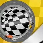 A colorful illustration featuring two cartoon cars racing on a circular track with a checkered pattern, set against a yellow and black background