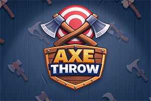 Crossed axes over a red target with a wooden shield logo reading AXE THROW on a dark blue axe-patterned background